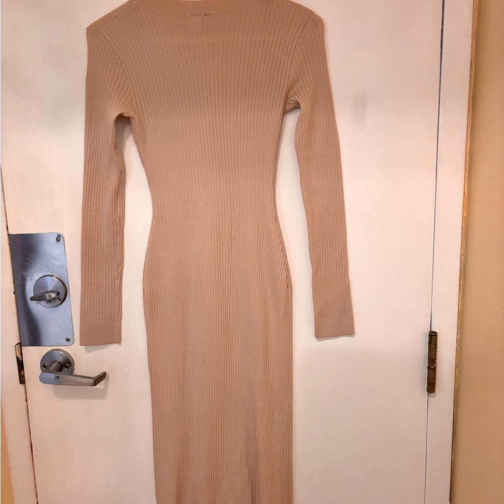Elegant Tan Ribbed Knit Dress, Bodycon, H&M, size 4